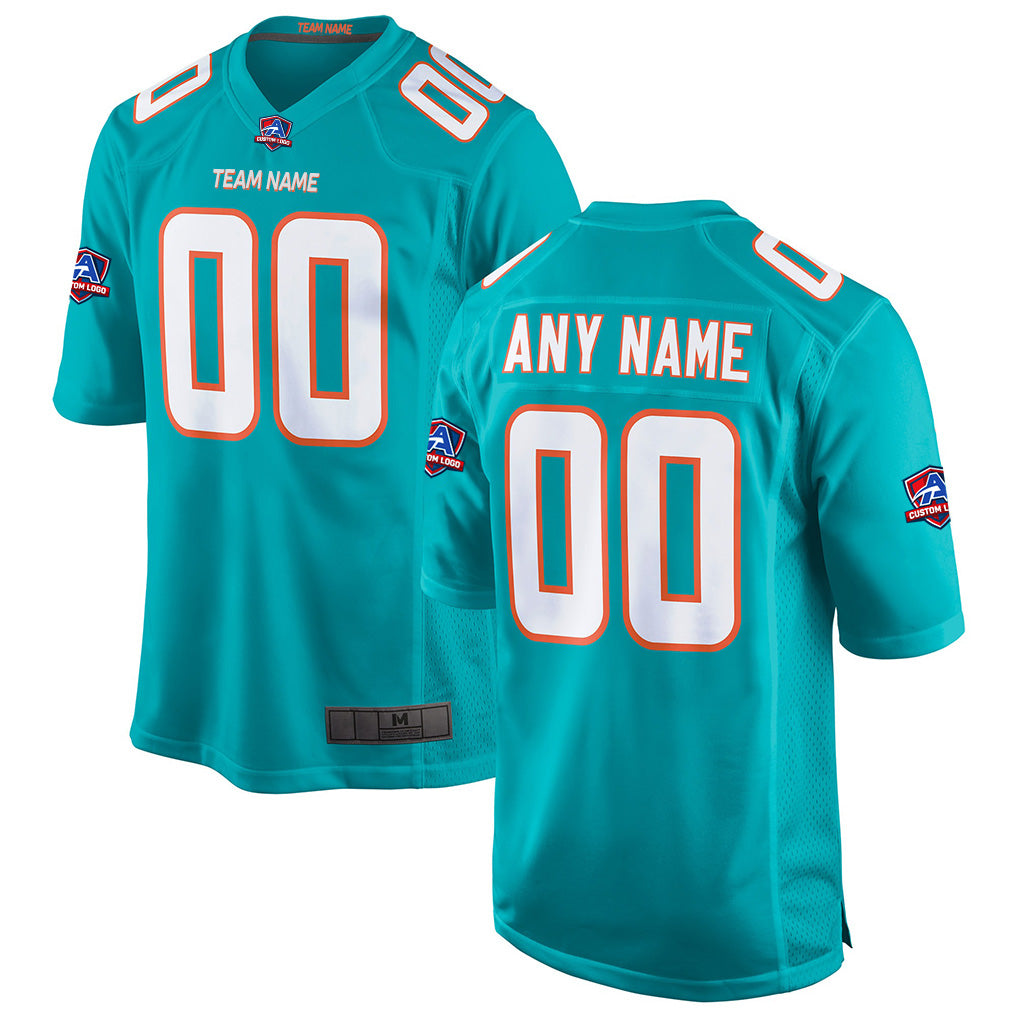 Angled view of Custom Aqua Football Jersey – Designed By Athletrio