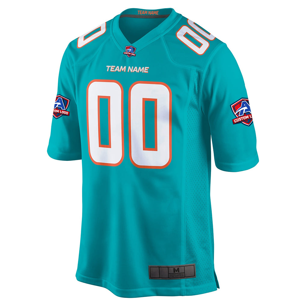 Close-up detail of Custom Aqua Football Jersey Neckline Made By Athletrio