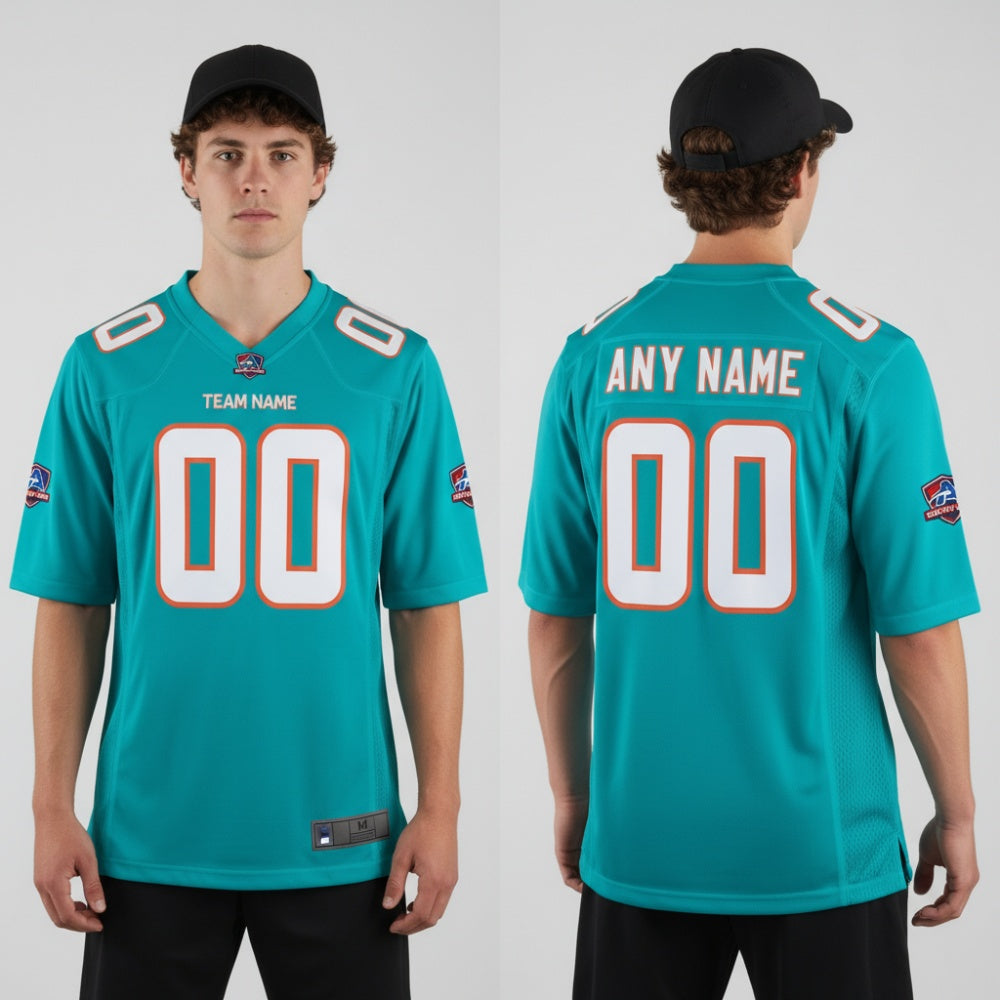 Front and back view of Custom Aqua Football Jersey with Personalized Name and Number – Athletrio