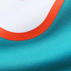 Product details printed of Custom Aqua Football Jersey showing stitched logos, fabric and customization options By Athletrio