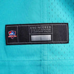 Product details tag of Custom Aqua Football Jersey showing stitched logos, fabric and customization options By Athletrio