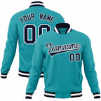 Angled view of Custom Aqua Navy-White Jacket – Designed By Athletrio