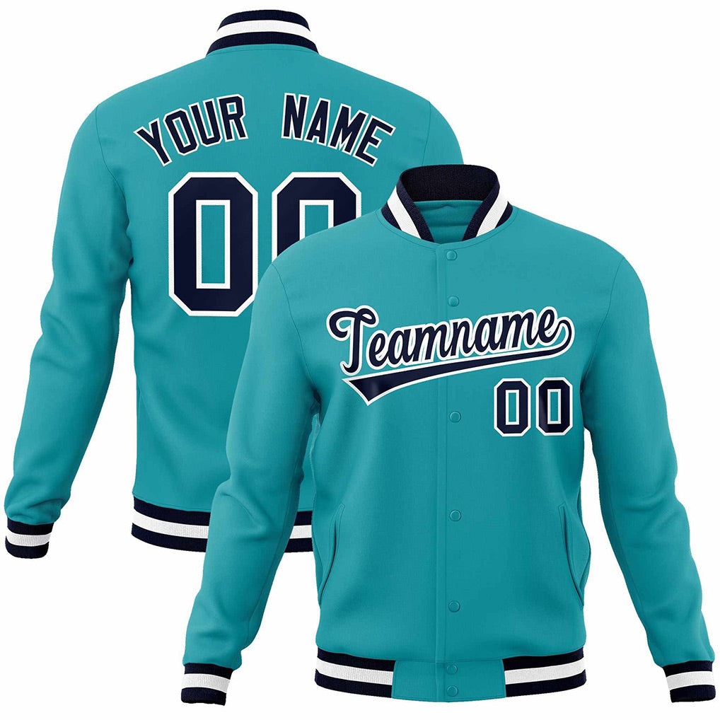 Angled view of Custom Aqua Navy-White Jacket – Designed By Athletrio