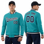 Front and back view of Custom Aqua Navy-White Jacket with Personalized Name and Number – Athletrio