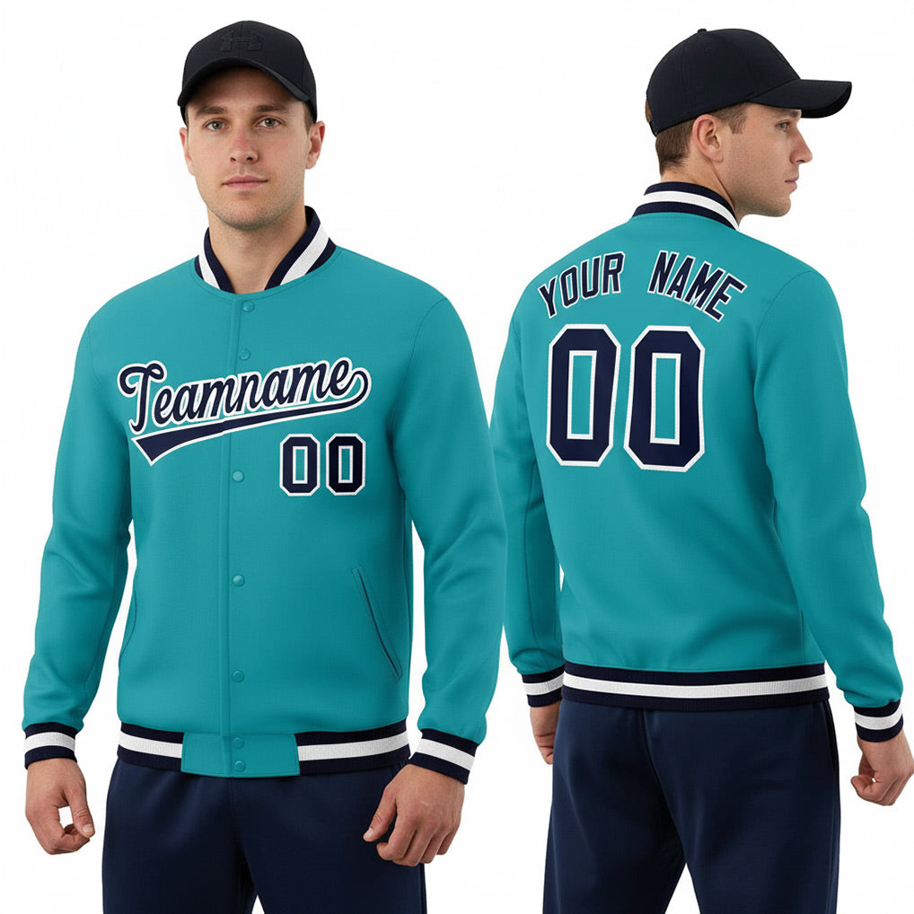 Front and back view of Custom Aqua Navy-White Jacket with Personalized Name and Number – Athletrio