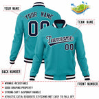 Product details of Custom Aqua Navy-White Jacket showing stitched logos, fabric and customization options By Athletrio