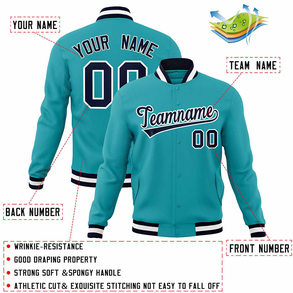 Product details of Custom Aqua Navy-White Jacket showing stitched logos, fabric and customization options By Athletrio