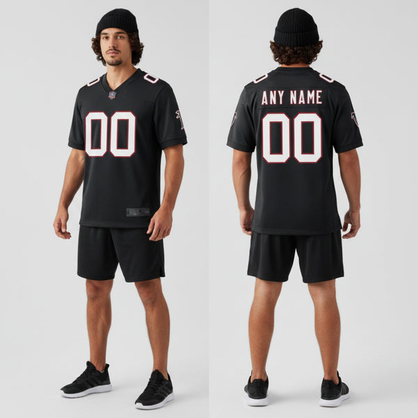 Front and back view of Custom Atlanta Black Football Jersey with Personalized Name and Number – Athletrio