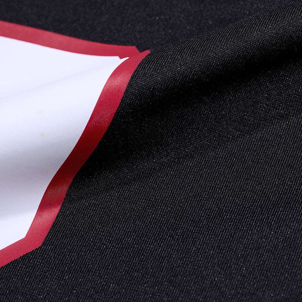 Product details printed of Custom Atlanta Black Football Jersey showing stitched logos, fabric and customization options By Athletrio