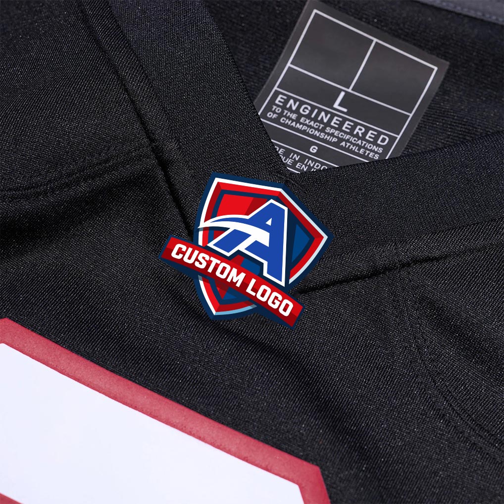 Product details v-neck of Custom Atlanta Black Football Jersey showing stitched logos, fabric and customization options By Athletrio