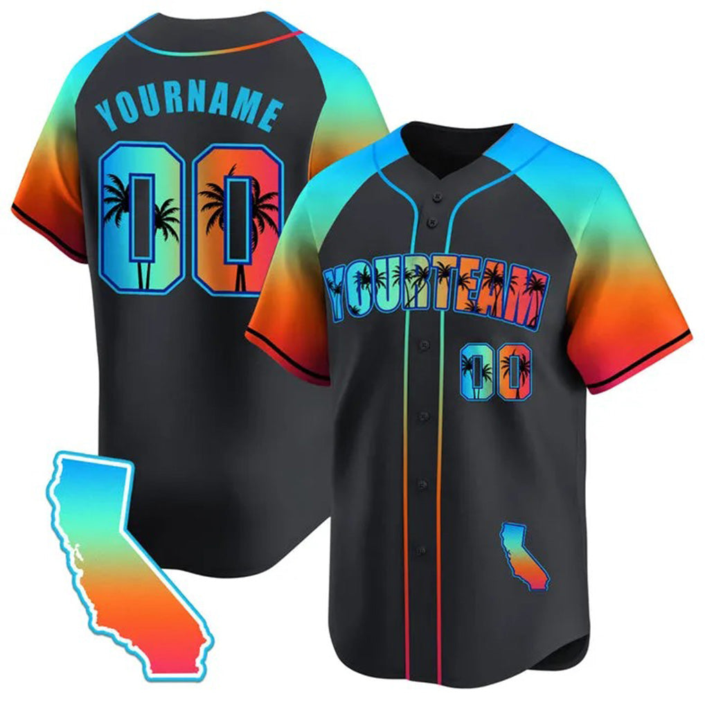Angled view of Custom Black Alternate California Beach Baseball Jersey – Designed By Athletrio