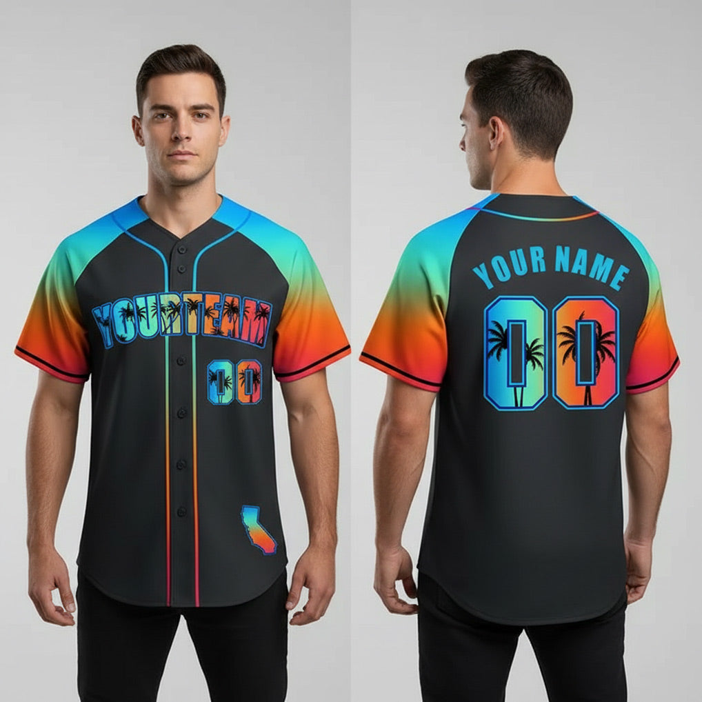 Front and back view of Custom Black Alternate California Beach Baseball Jersey with Personalized Name and Number – Athletrio