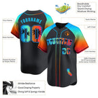 Product details of Custom Black Alternate California Beach Baseball Jersey showing stitched logos, fabric and customization options By Athletrio