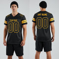 Front and back view of Custom Black Black-Gold Mesh Football Jersey with Personalized Name and Number – Athletrio