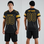 Front and back view of Custom Black Black-Gold Mesh Football Jersey with Personalized Name and Number – Athletrio