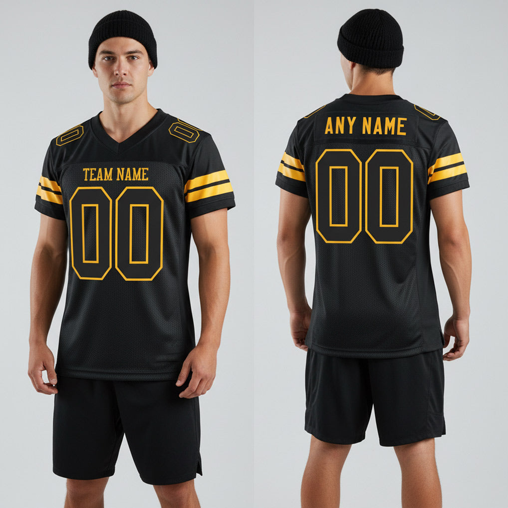 Front and back view of Custom Black Black-Gold Mesh Football Jersey with Personalized Name and Number – Athletrio