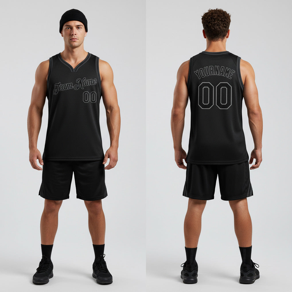Front and back view of Custom Black Black-Gray Throwback Basketball Jersey with Personalized Name and Number – Athletrio