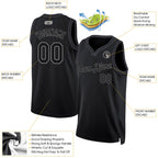 Product details of Custom Black Black-Gray Throwback Basketball Jersey showing stitched logos, fabric and customization options By Athletrio