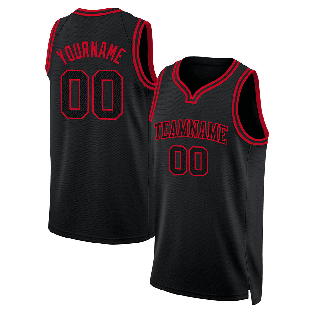 Angled view of Custom Black Black-Red Throwback Basketball Jersey – Designed By Athletrio