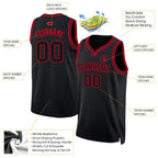 Product details of Custom Black Black-Red Throwback Basketball Jersey showing stitched logos, fabric and customization options By Athletrio