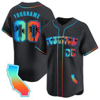 Angled view of Custom Black California Beach Baseball Jersey – Designed By Athletrio