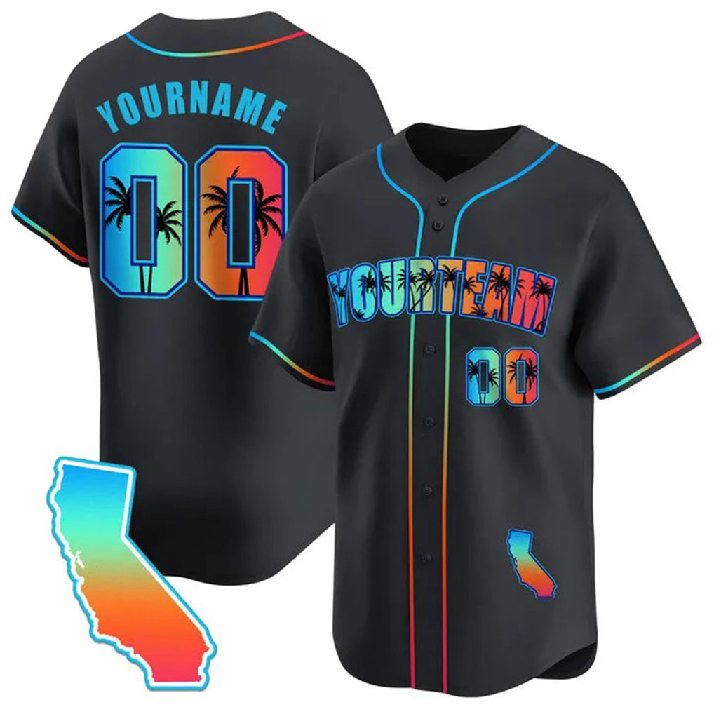 Angled view of Custom Black California Beach Baseball Jersey – Designed By Athletrio