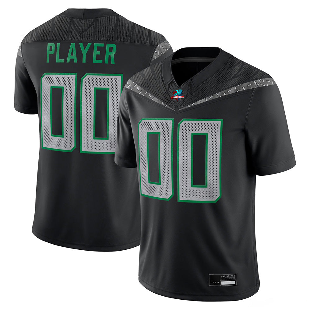 Angled view of Custom Black College Football Game Jersey – Designed By Athletrio