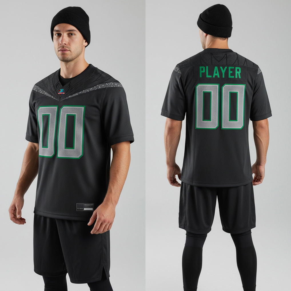 Front and back view of Custom Black College Football Game Jersey with Personalized Name and Number – Athletrio