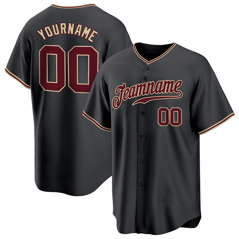 Angled view of Custom Black Crimson-Cream Baseball Jersey – Designed By Athletrio