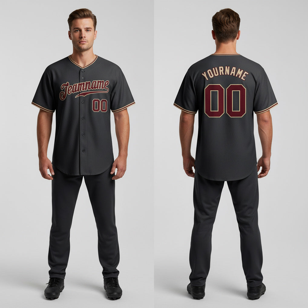 Front and back view of Custom Black Crimson-Cream Baseball Jersey with Personalized Name and Number – Athletrio