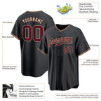 Product details of Custom Black Crimson-Cream Baseball Jersey showing stitched logos, fabric and customization options By Athletrio