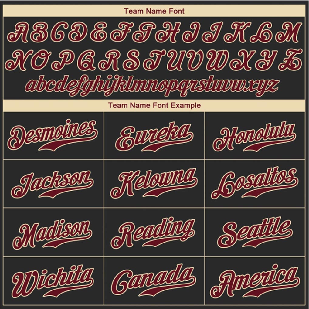 Team name font options for Custom Black Crimson-Cream Baseball Jersey