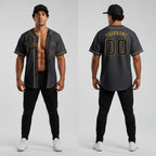 Front and back view of Custom Black Gold Baseball Jersey with Personalized Name and Number – Athletrio