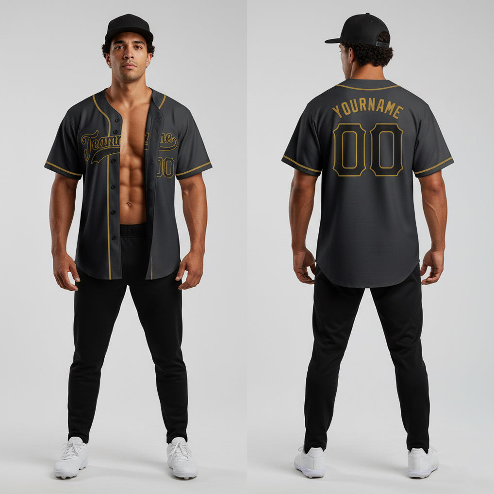 Front and back view of Custom Black Gold Baseball Jersey with Personalized Name and Number – Athletrio