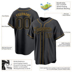 Product details of Custom Black Gold Baseball Jersey showing stitched logos, fabric and customization options By Athletrio