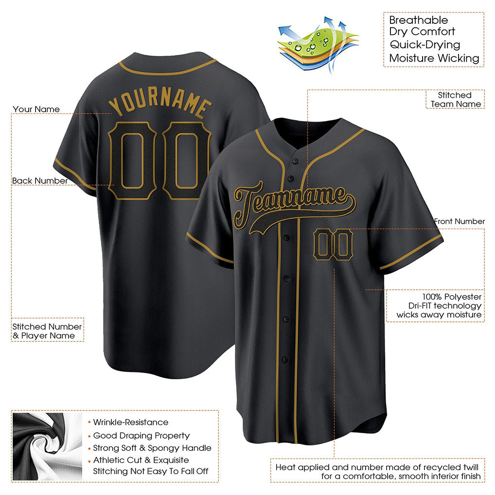 Product details of Custom Black Gold Baseball Jersey showing stitched logos, fabric and customization options By Athletrio