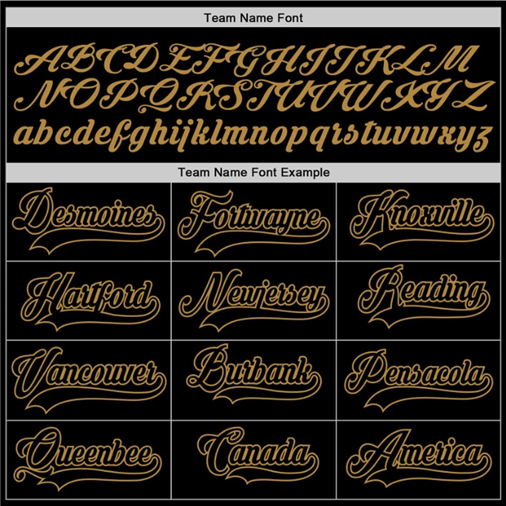 Team name font options for Custom Black Gold Baseball Jersey