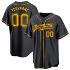 Angled view of Custom Black Gold Baseball Jersey – Designed By Athletrio