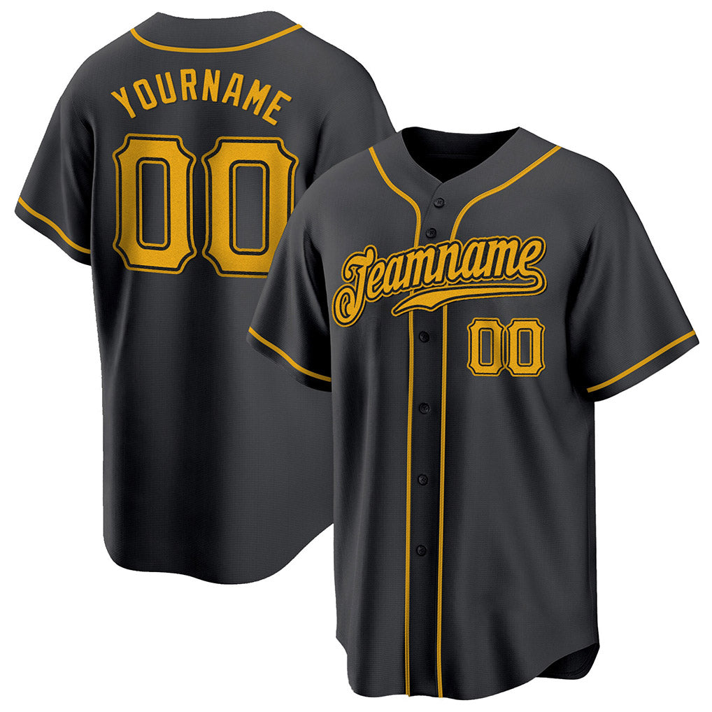 Angled view of Custom Black Gold Baseball Jersey – Designed By Athletrio