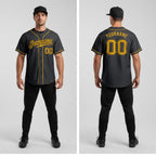 Front and back view of Custom Black Gold Baseball Jersey with Personalized Name and Number – Athletrio