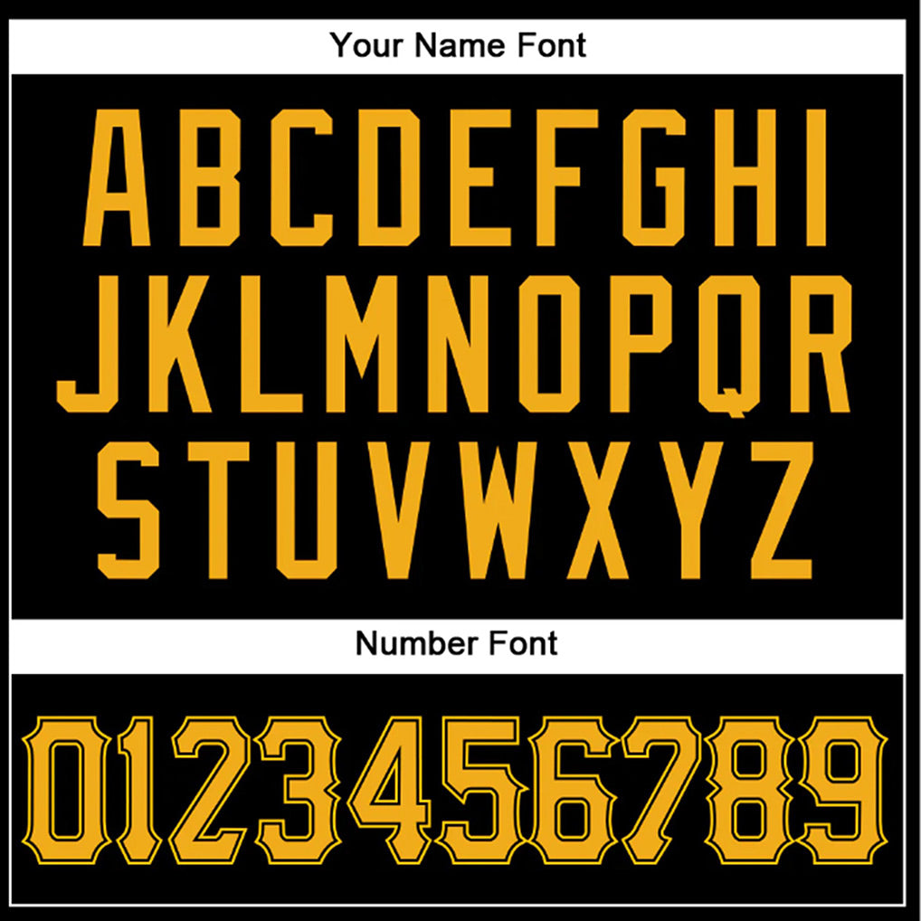 Player name and number font options for Custom Black Gold Baseball Jersey