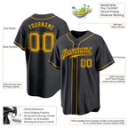 Product details of Custom Black Gold Baseball Jersey showing stitched logos, fabric and customization options By Athletrio