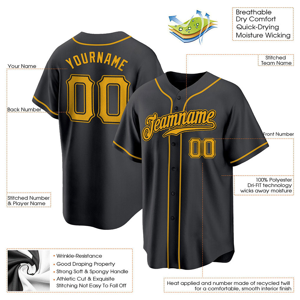 Product details of Custom Black Gold Baseball Jersey showing stitched logos, fabric and customization options By Athletrio