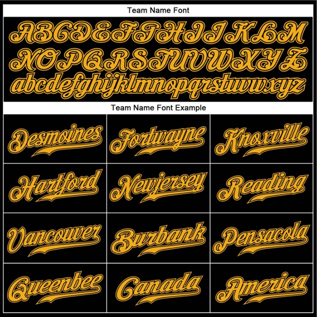 Team name font options for Custom Black Gold Baseball Jersey