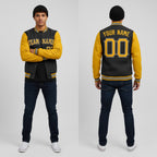Front and back view of Custom Black Gold Jacket with Personalized Name and Number – Athletrio