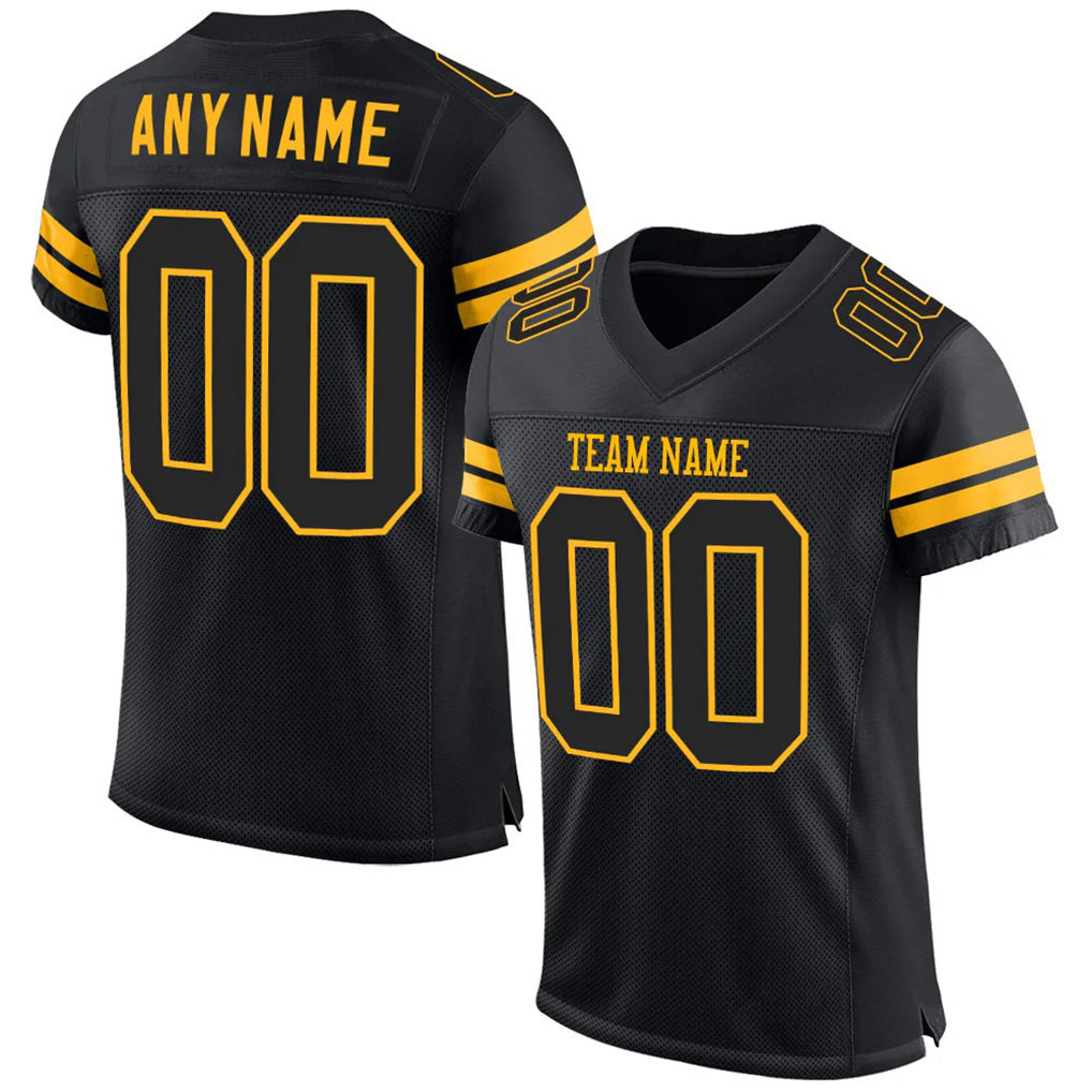 Angled view of Custom Black Gold Mesh Football Jersey – Designed By Athletrio