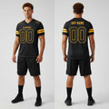Front and back view of Custom Black Gold Mesh Football Jersey with Personalized Name and Number – Athletrio