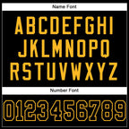 Player name and number font options for Custom Black Gold Mesh Football Jersey