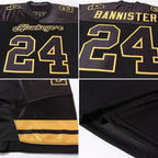 Product details of Custom Black Gold Mesh Football Jersey showing stitched logos, fabric and customization options By Athletrio