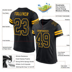 Product details of Custom Black Gold Mesh Football Jersey showing stitched logos, fabric and customization options By Athletrio